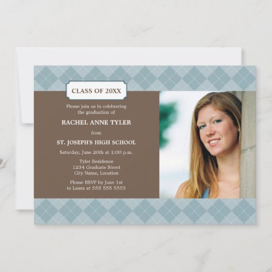写真アーガイル名門私立校風の卒業発表 招待状 (正面)