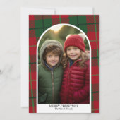 写真アーチモダンメリークリスマス赤い緑の格子模様 シーズンカード (正面)