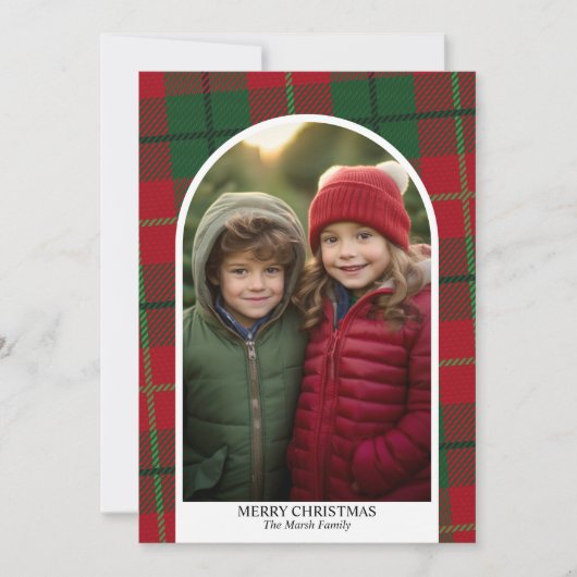 写真アーチモダンメリークリスマス赤い緑の格子模様 シーズンカード (正面)