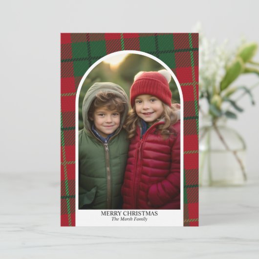 写真アーチモダンメリークリスマス赤い緑の格子模様 シーズンカード (スタンド正面)