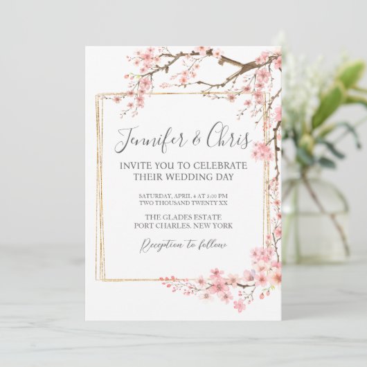 写真エレガントさくらんぼBlossom QRコード結婚s 招待状 (スタンド正面)