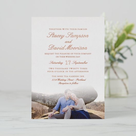 写真エレガントと結婚バラの金ゴールド 箔招待状 (立ち正面)