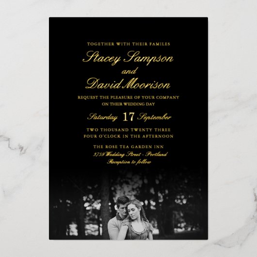 写真エレガントと結婚金ゴールドの実在比較 箔招待状 (正面)