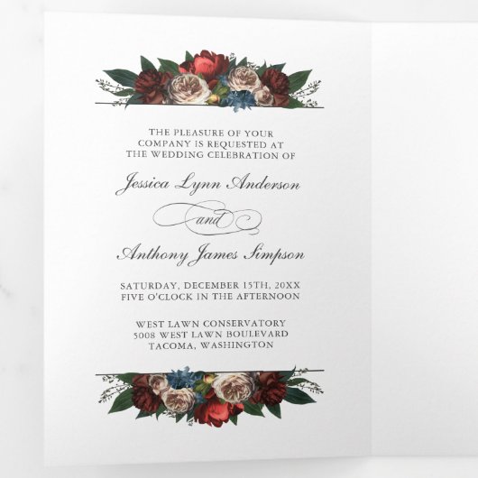 写真エレガントとRSVPとのフローラ結婚式の招待 三つ折り招待状 (内部最初)