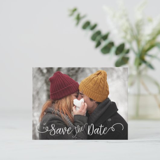 写真エレガントの白結婚日付の保存 案内ポストカード (スタンド正面)