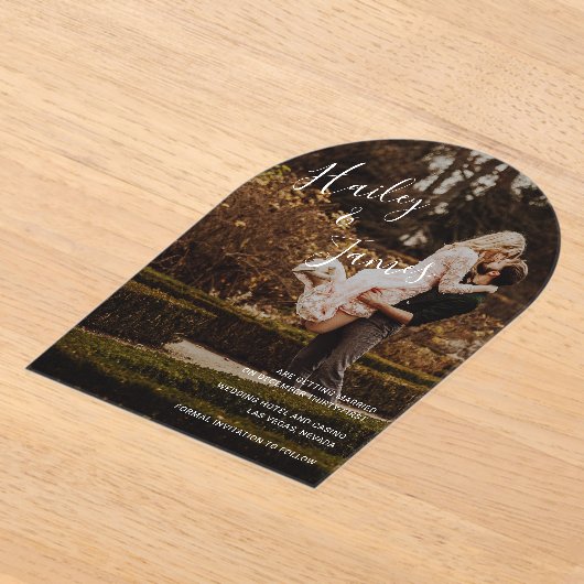 写真エレガントの結モダン婚日の保存 アクリル招待状 (レイダウン)