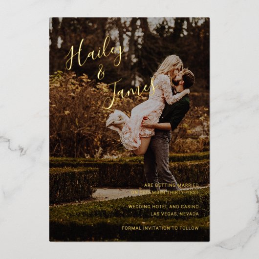 写真エレガントの結モダン婚日の保存 箔招待状 (正面)