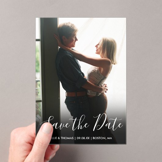 写真エレガントの結婚式のスクリプトの日付の保存 アクリル招待状 (インサイチュ (ポータブル))