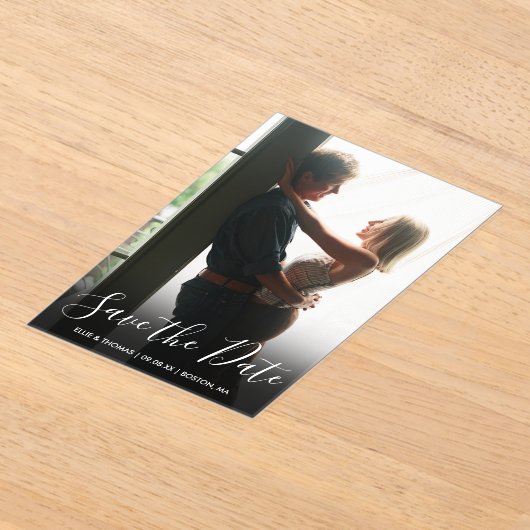 写真エレガントの結婚式のスクリプトの日付の保存 アクリル招待状 (レイダウン)