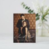 写真エレガントの結婚式のスクリプト日付の保存 ポストカード (スタンド正面)