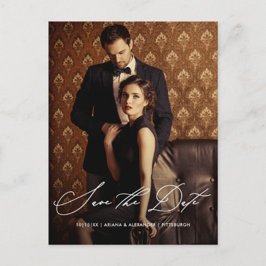 写真エレガントの結婚式のスクリプト日付の保存 ポストカード (正面)