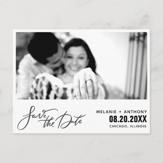写真エレガントの結婚式のスクリプト日付の保存 案内ポストカード (正面)