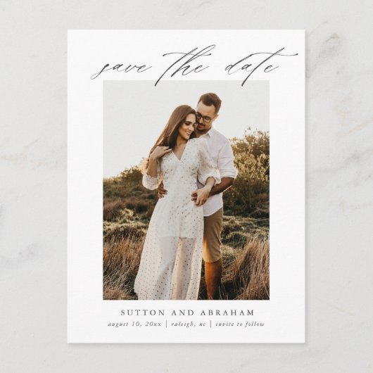 写真エレガントの結婚式のスクリプト日付の保存 案内ポストカード (正面)