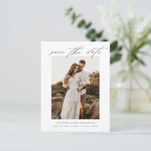 写真エレガントの結婚式のスクリプト日付の保存 案内ポストカード (スタンド正面)