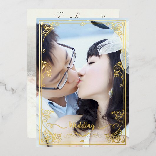 写真エレガントの背面と前面の金ゴールド 箔招待状 (正面/裏面)