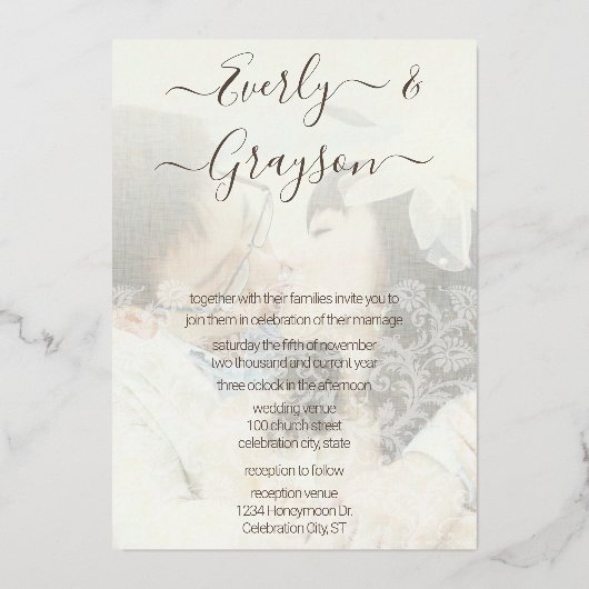 写真エレガントの背面と前面の金ゴールド 箔招待状 (裏面)