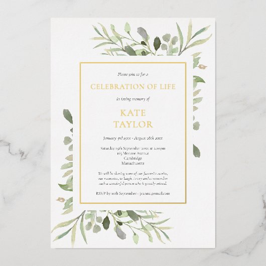 写真エレガントの葬儀お祝いの生活金ゴールド 箔招待状 (正面)