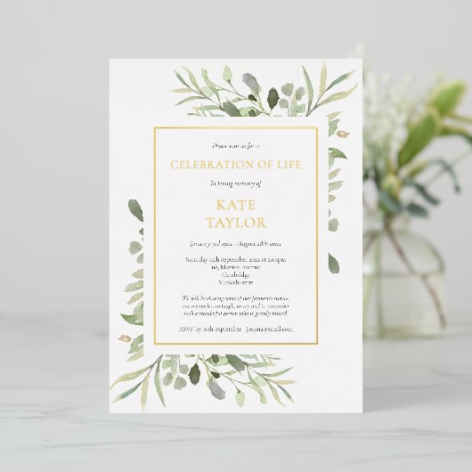 写真エレガントの葬儀お祝いの生活金ゴールド 箔招待状 (立ち正面)