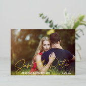 写真エレガントの金ゴールド結婚が日付を保存 箔シーズンカード (立ち正面)