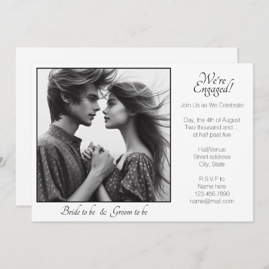 写真エレガントは白黒婚約したで表示 案内状 (正面/裏面)