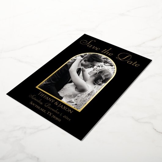 写真エレガントアーチ日付の保存実在 箔招待状 (回転した状態)