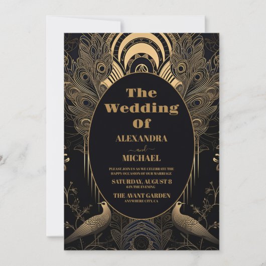 写真エレガントアールデコ結婚Peacocks 招待状 (正面)