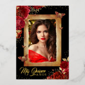 写真エレガントキンセアニェラレッドローズ金ゴールド誕生日 箔招待状 (正面)