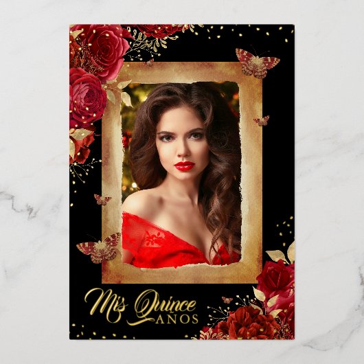 写真エレガントキンセアニェラレッドローズ金ゴールド誕生日 箔招待状 (正面)