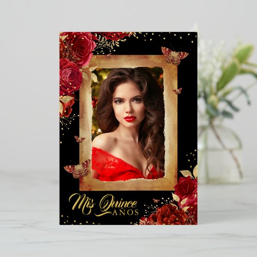 写真エレガントキンセアニェラレッドローズ金ゴールド誕生日 箔招待状 (立ち正面)