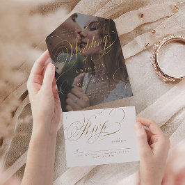 写真エレガントクラシック書道ヴィンテージ結婚式 オールインワン招待状