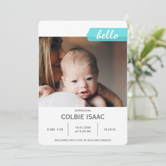 写真エレガントコラージュティール(緑がかった色)和紙テープベビー誕生 案内状 (スタンド正面)