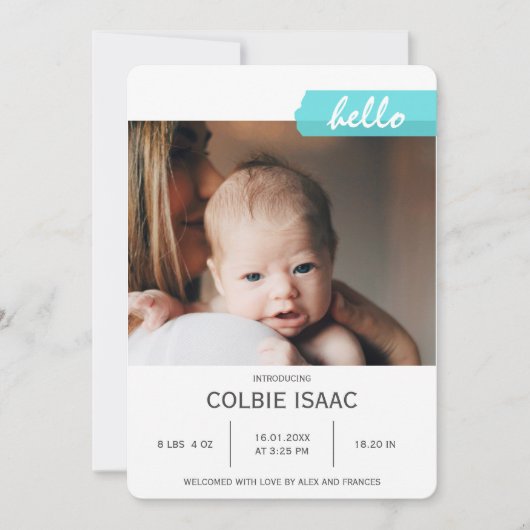 写真エレガントコラージュティール（緑がかった色）和紙テープベビー誕生 案内状 (正面)