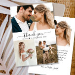 写真エレガントコラージュ結婚のサンキューカード サンキューカード<br><div class="desc">モダンエレガント結婚の「ありがとう」書道3枚フォトコラージカード。3スタイリッシュ枚の写真を前面に、1結婚枚の写真を背面に配置したサンキューカードテンプレート。手のレタリングのタイポグラフィスクリプトで渦巻形の「ありがとう」文字をフィーチャー白い背景に黒の尾のフォント。名前とメッセージを感謝していパーソナライズする。ノートもしを手書きしたい場合は、サンプル文字を削除して宇宙を増やす。おもしし救済まは合わせ品連絡が欲しい！</div>