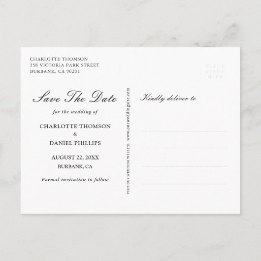 写真エレガントコラージュ結婚式の日付の保存 案内ポストカード (裏面)