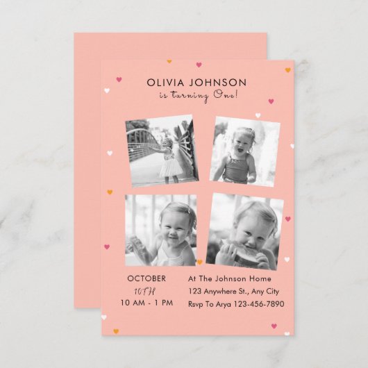 写真エレガントコラージュ誕生日パーティー 招待状 (正面/裏面)