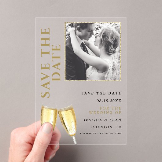 写真エレガントシャンパンウェディング日付を保存 アクリル招待状 (インサイチュ (ポータブル))