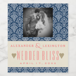 写真エレガントダマスク海軍ブルーコーラル結婚ズ ワインラベル