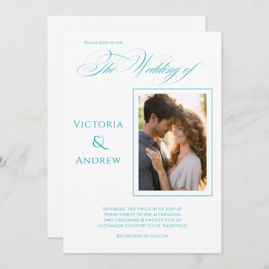 写真エレガントティール(緑がかった色)モダン結婚式招待状 招待状 (正面/裏面)