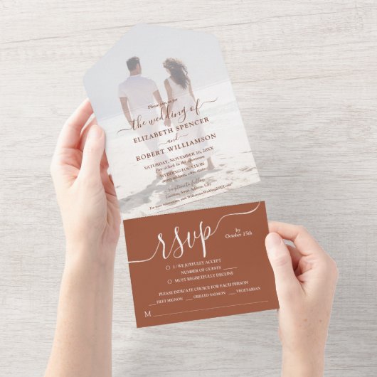 写真エレガントテラコッタ結婚ズ オールインワン招待状 (貼ってはがせる)