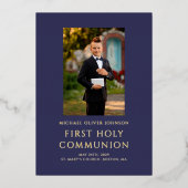 写真エレガントネイビーブルーボーイファースト通信金ゴールド 箔招待状 (正面)