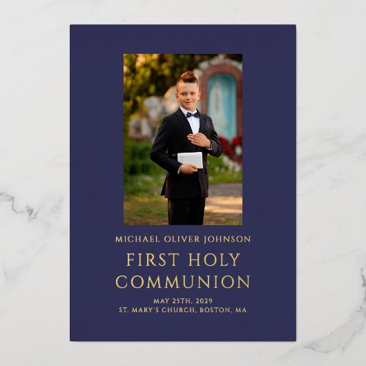 写真エレガントネイビーブルーボーイファースト通信金ゴールド 箔招待状 (正面)