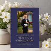 写真エレガントネイビーブルーボーイファースト通信金ゴールド 箔招待状