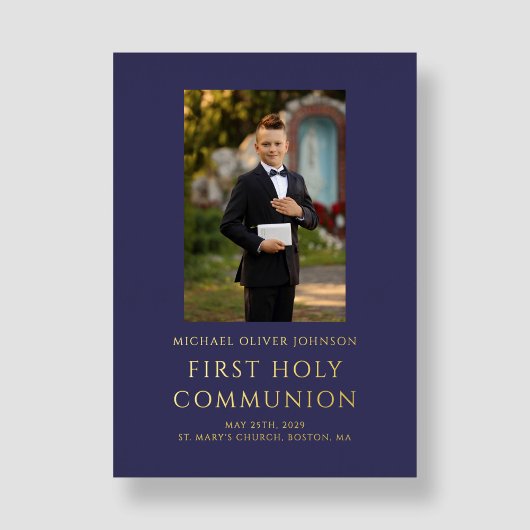 写真エレガントネイビーブルーボーイファースト通信金ゴールド 箔招待状