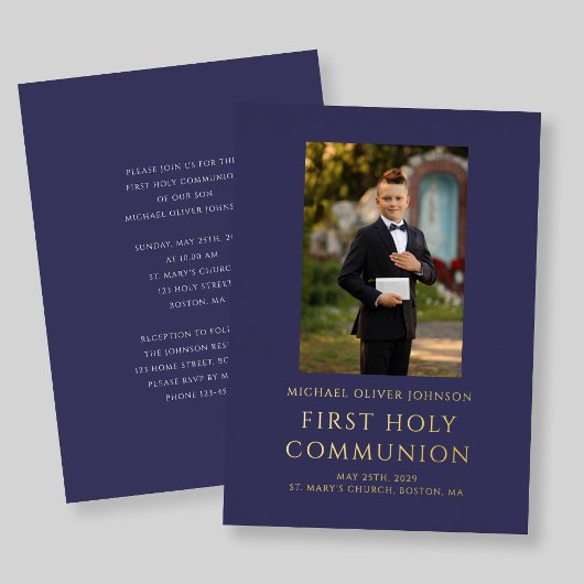 写真エレガントネイビーブルーボーイファースト通信金ゴールド 箔招待状