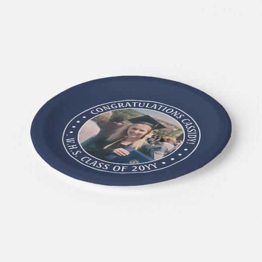 写真エレガントネイビーブルー&ホワイト卒業パーティー ペーパープレート (アングル)