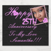 写真エレガントハッピー25周年記念ピンクブラック スパークリングワインラベル (シングルラベル)