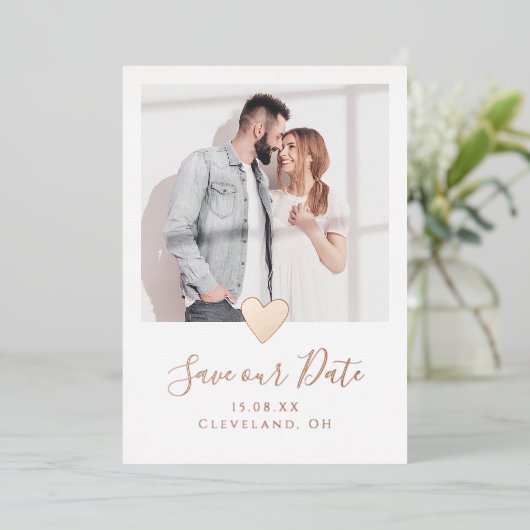 写真エレガントハート日付を保存実在バラ金ゴールド 箔招待状 (立ち正面)