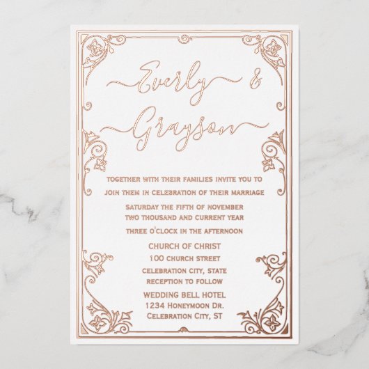 写真エレガントビクトリアンバラ金ゴールド 箔招待状 (正面)