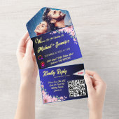 写真エレガントフローラブルーティアウェイ結婚ズ オールインワン招待状 (貼ってはがせる)