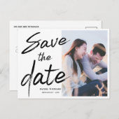 写真エレガントブラシフォント結婚式の日付を保存 案内ポストカード (正面/裏面)